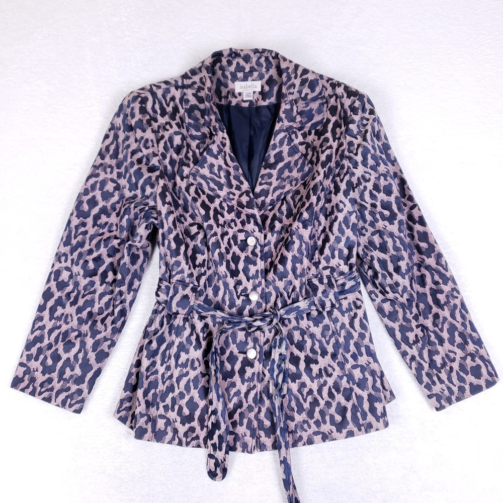Isabella Women's 22W Leopard Print Belted Blazer Jacket Navy Mauve‎